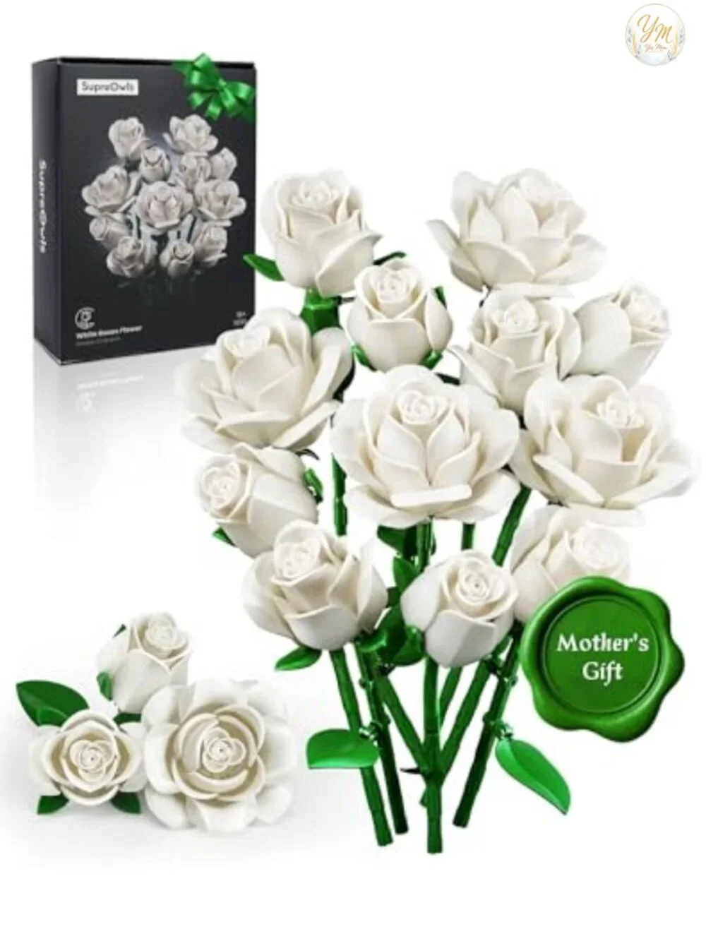 White Rose Bouquet Building Set, 12Pcs Wedding Flower Botanical Collection for